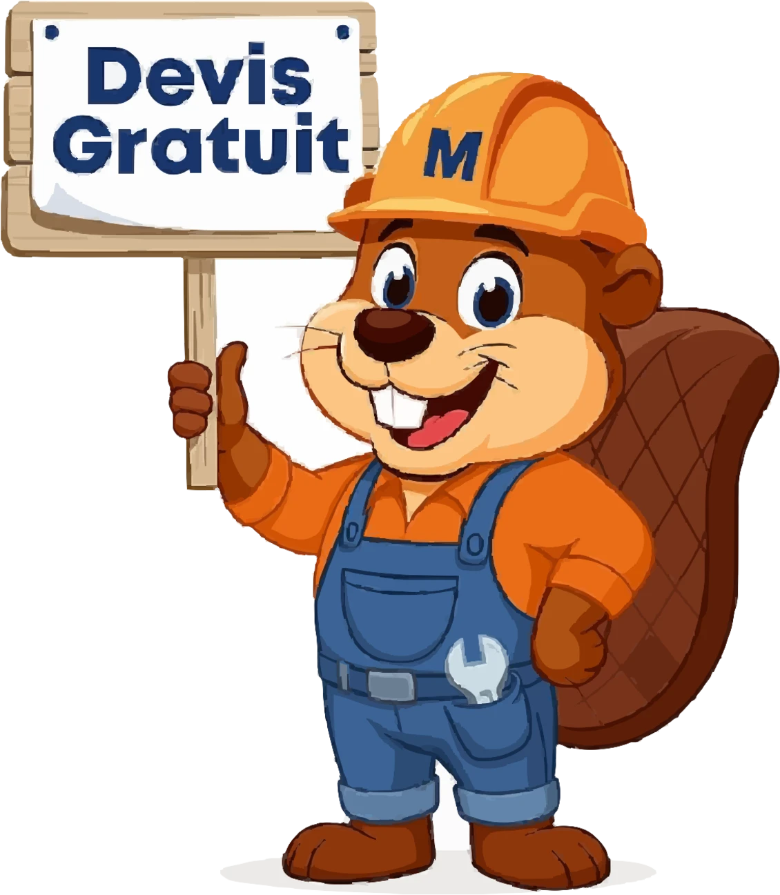 Mascotte maçon.com présentant un devis gratuit